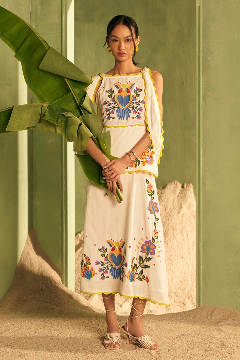 White Linen Embroidered Square Neck Midi Dress