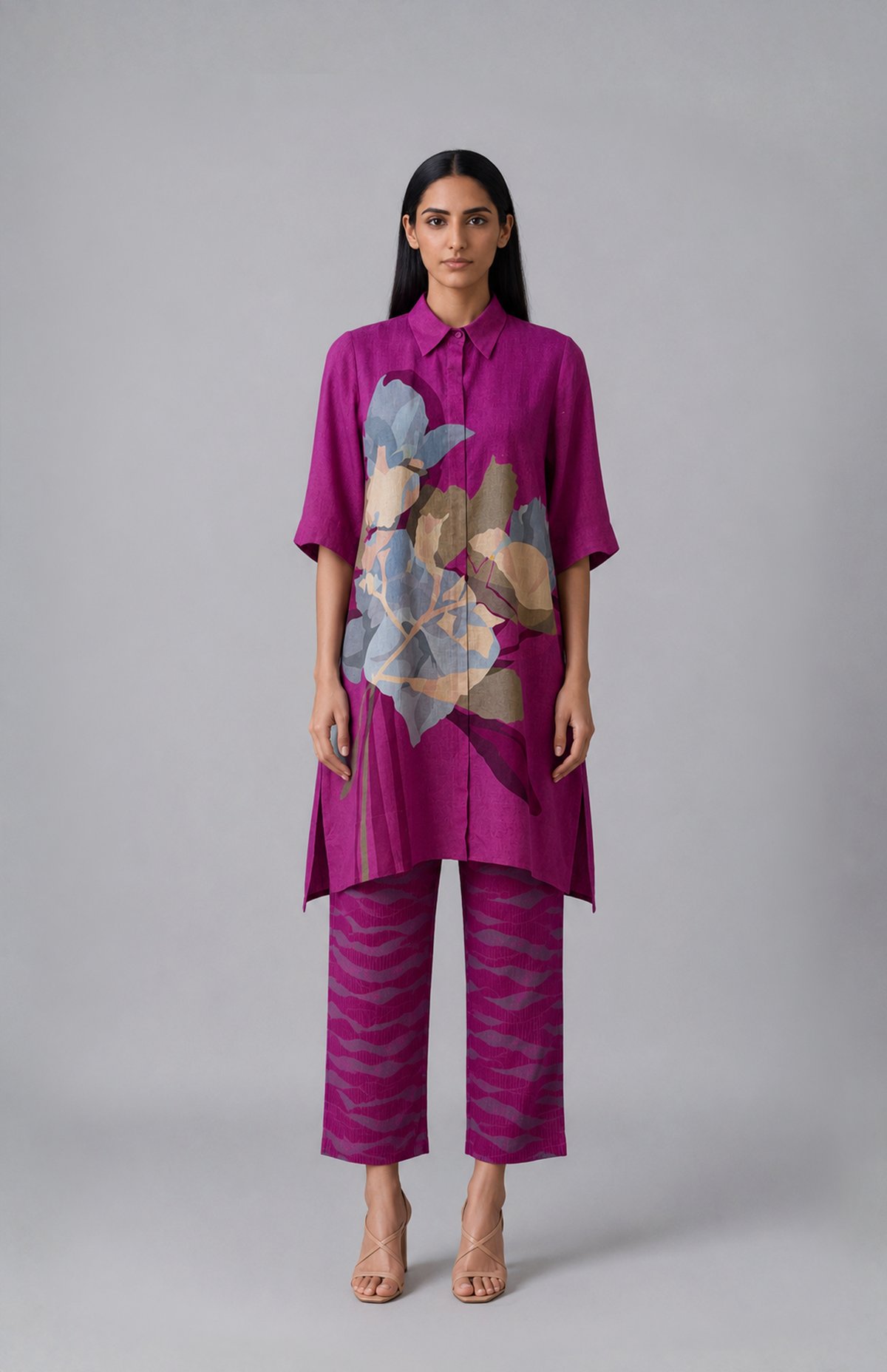 Magenta Printed Linen Tunic and Pant Co-ord Set