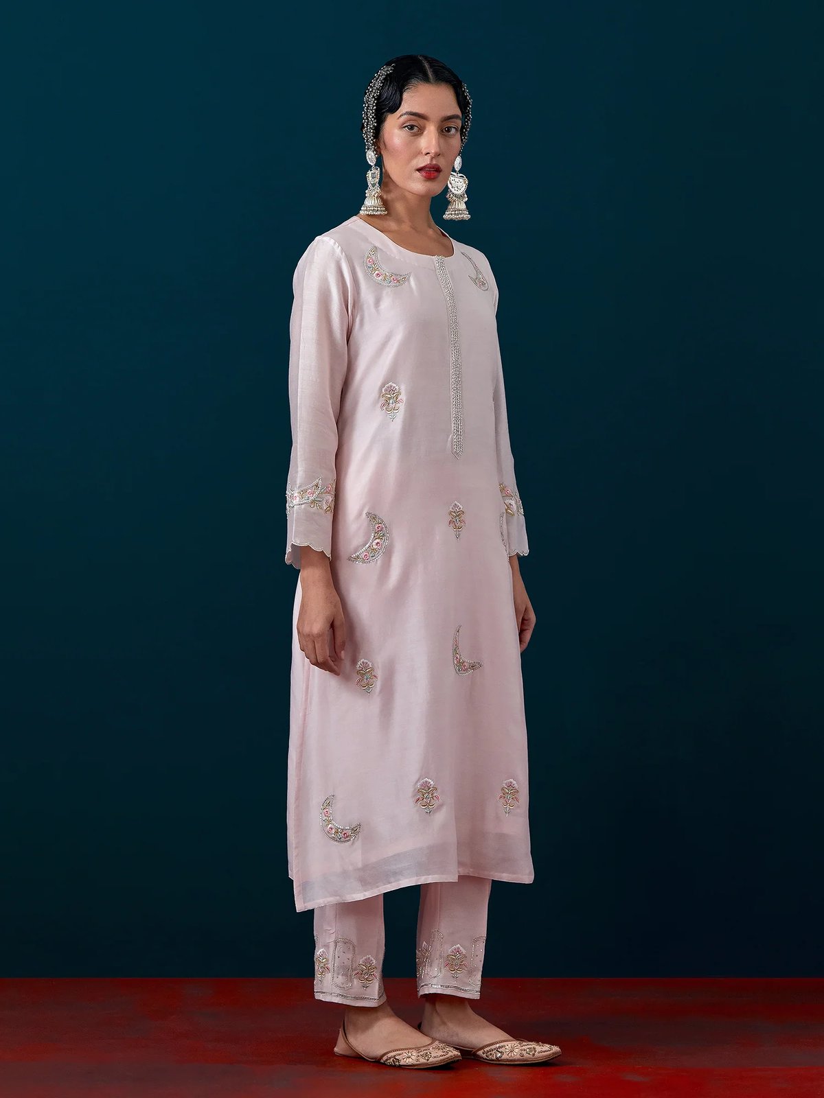 Pink Silk Chanderi Embroidered Placket Straight Kurta