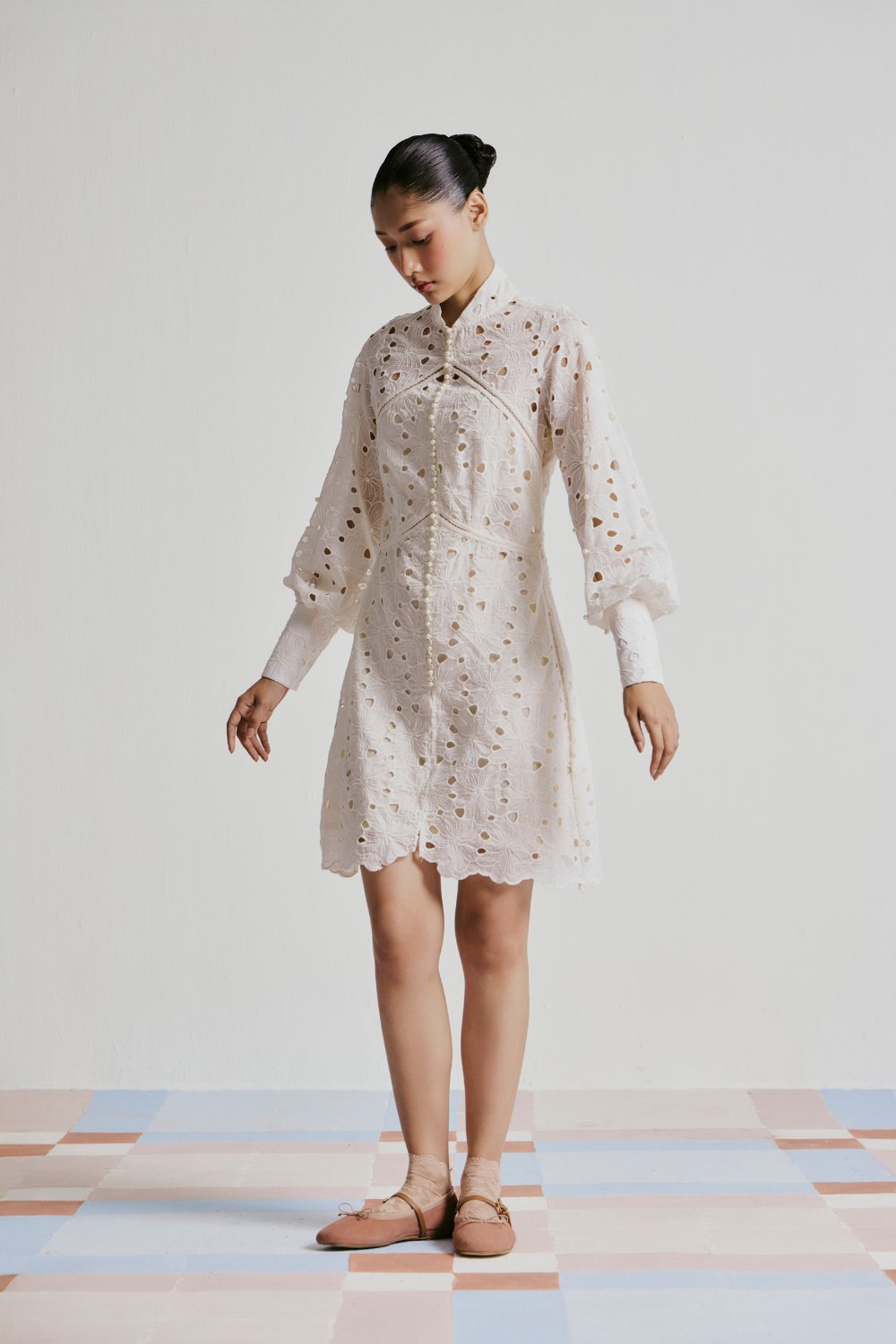 White Lace Mini Dress with Pearl Button Front