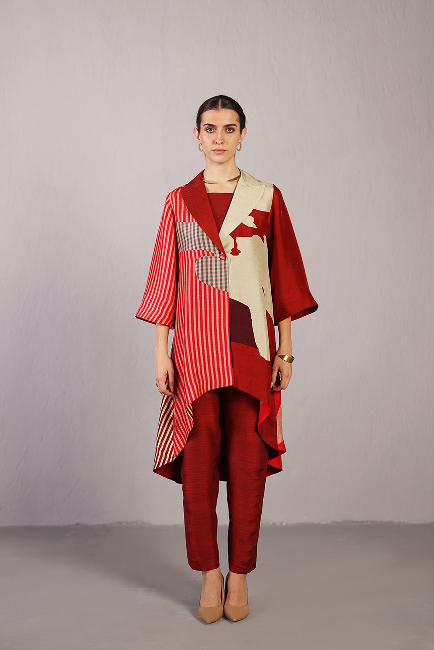 Crimson Red Asymmetrical Jacket Co-ord Set With Pants