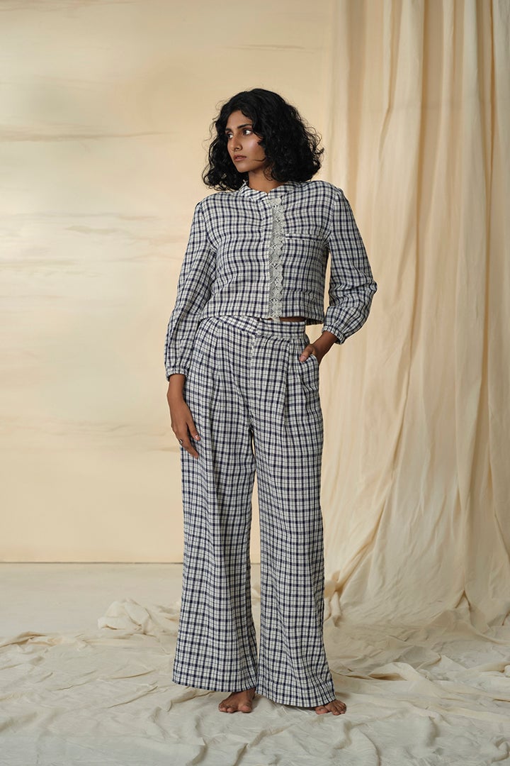 Beige and Navy Checked Crop Shirt and Trouser Co-ord Set