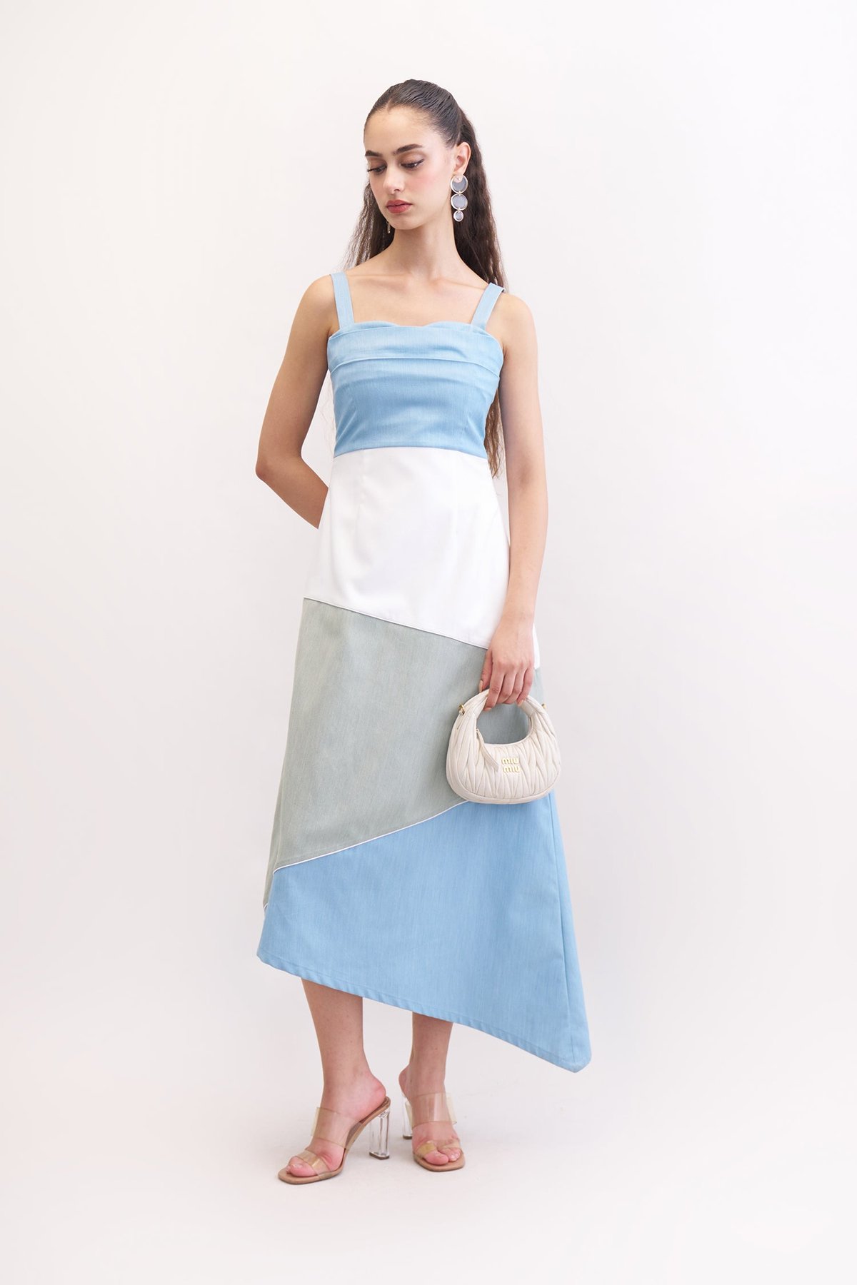 Tri-Color Denim Colorblock Cowl Neck Midi Dress