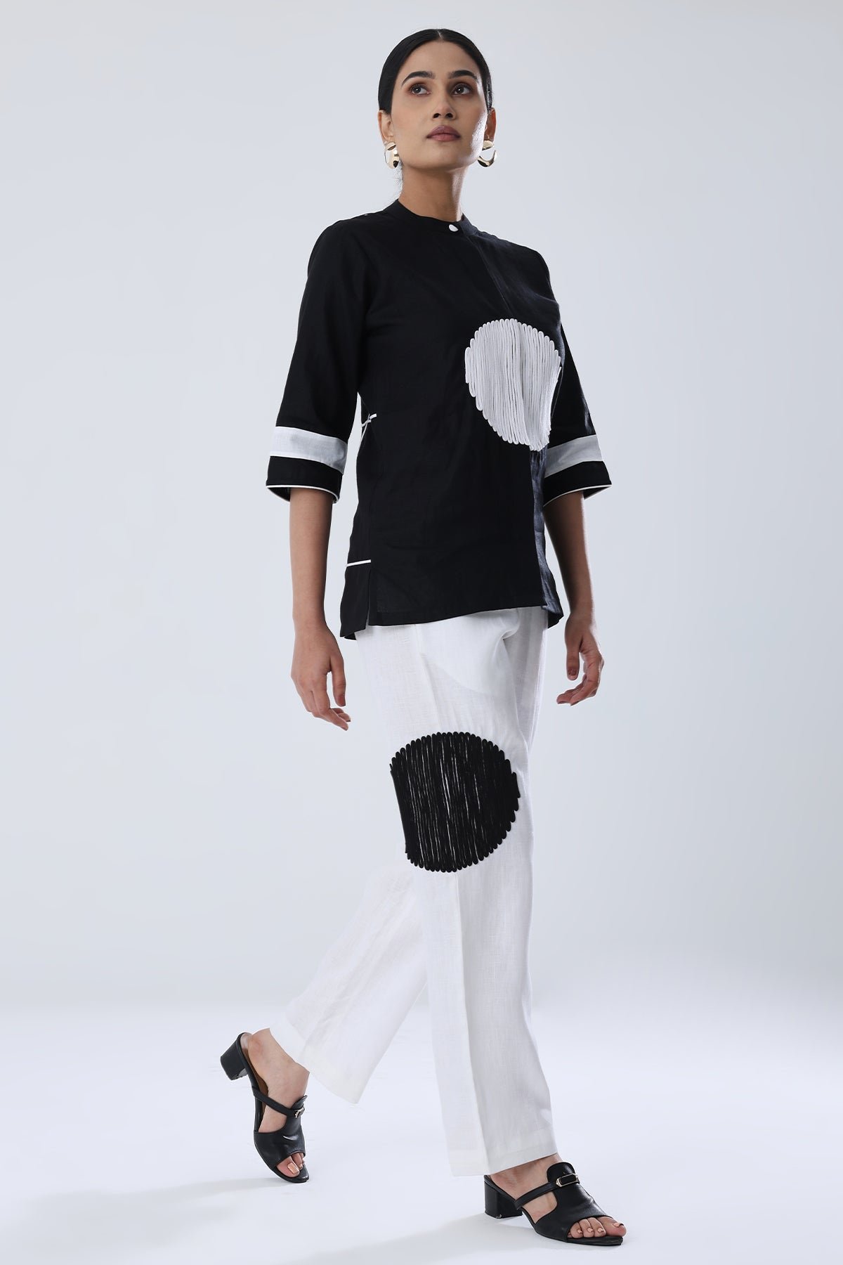 Black and White Hemp Shirt and Wide-Leg Pants Co-ord Set