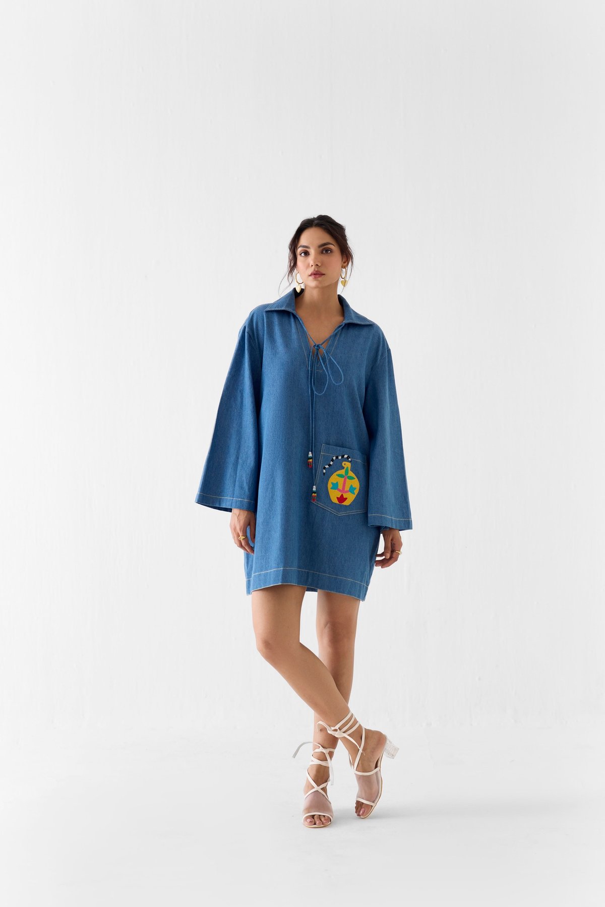 Denim Blue Tie-Up Mini Shift Dress with Patch Pocket