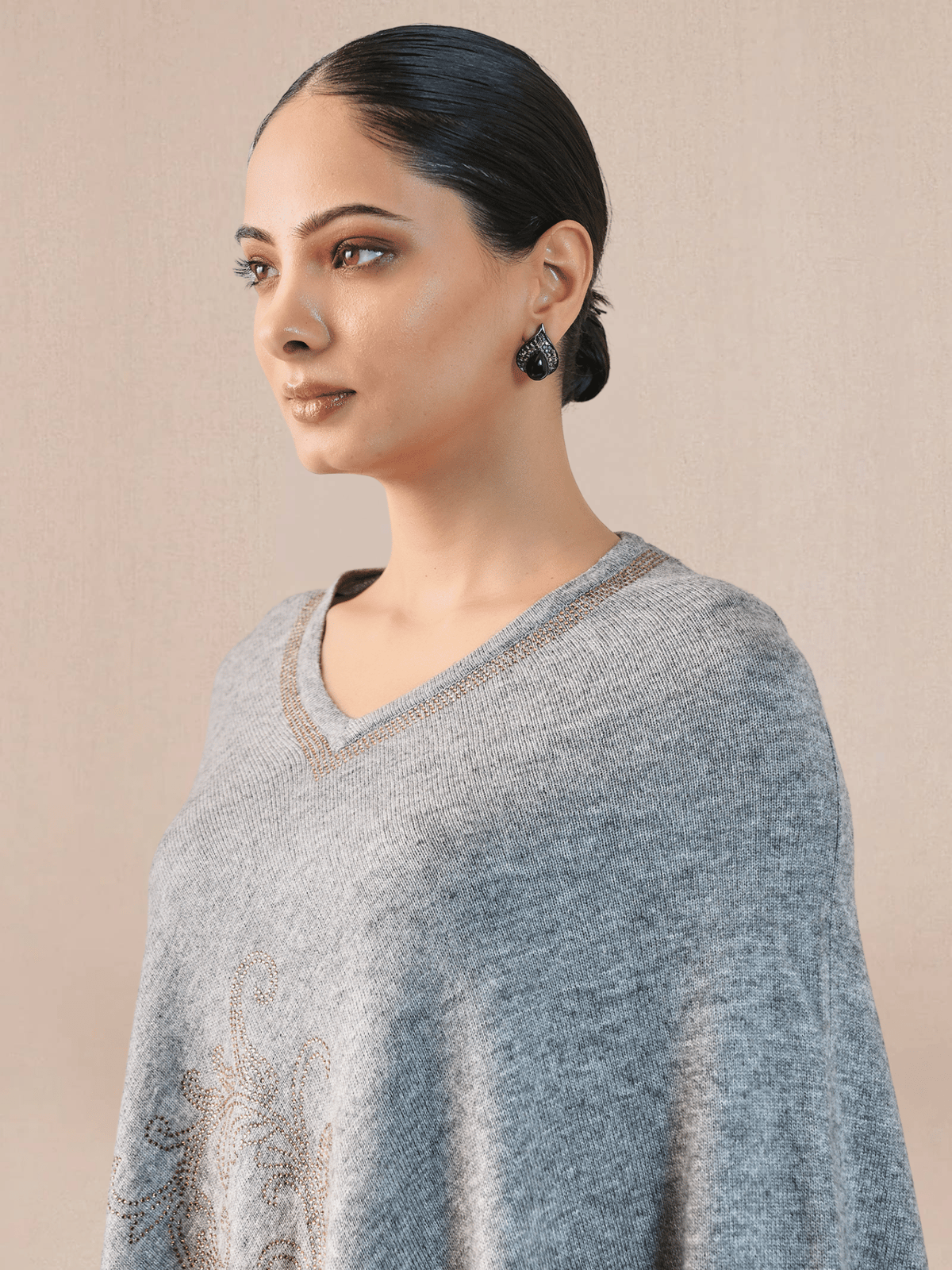 Grey Woolen Beadwork Poncho Cape