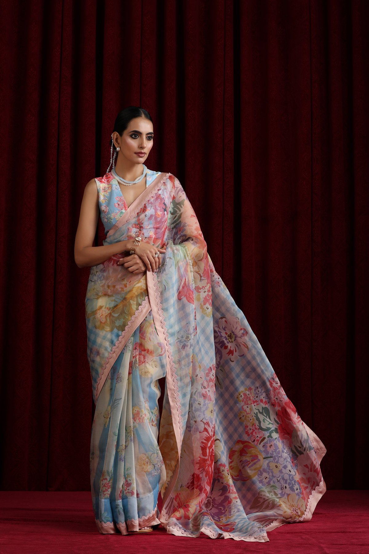 Powder Blue Sheer Organza Floral Printed Saree Set