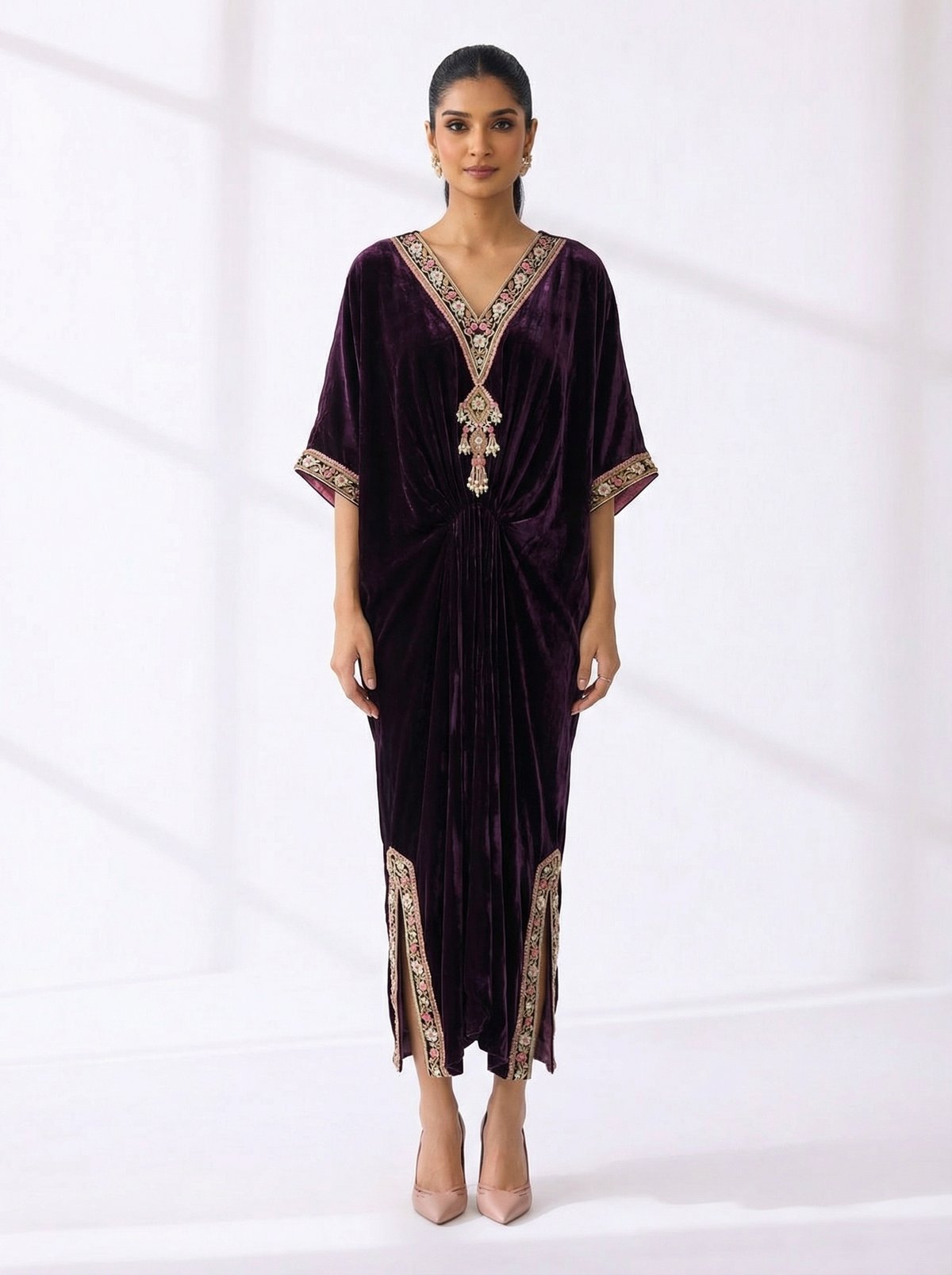 Purple Velvet V-Neck Kaftan with Zari Border