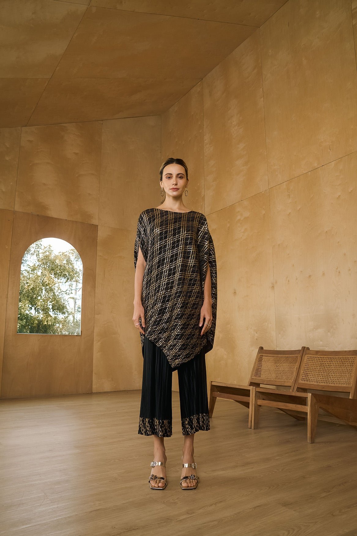 Black Metallic Checked Pleated Co-ord Set