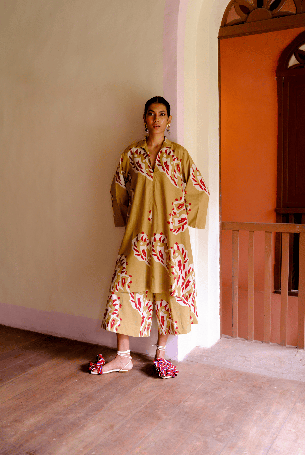 Beige Graphic Printed Cotton Poplin Kurta Set