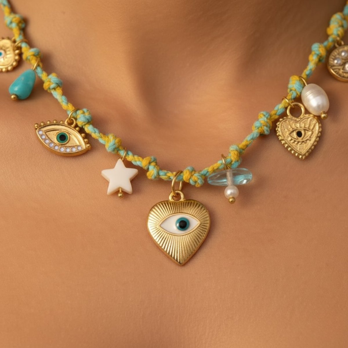 Lagoon Evil Eye and Bead Charms Thread Necklace