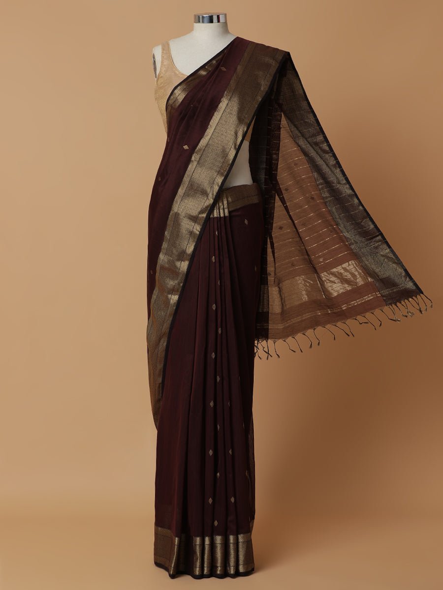 Maheshwari Cotton Silk Dark Brown Woven diamond