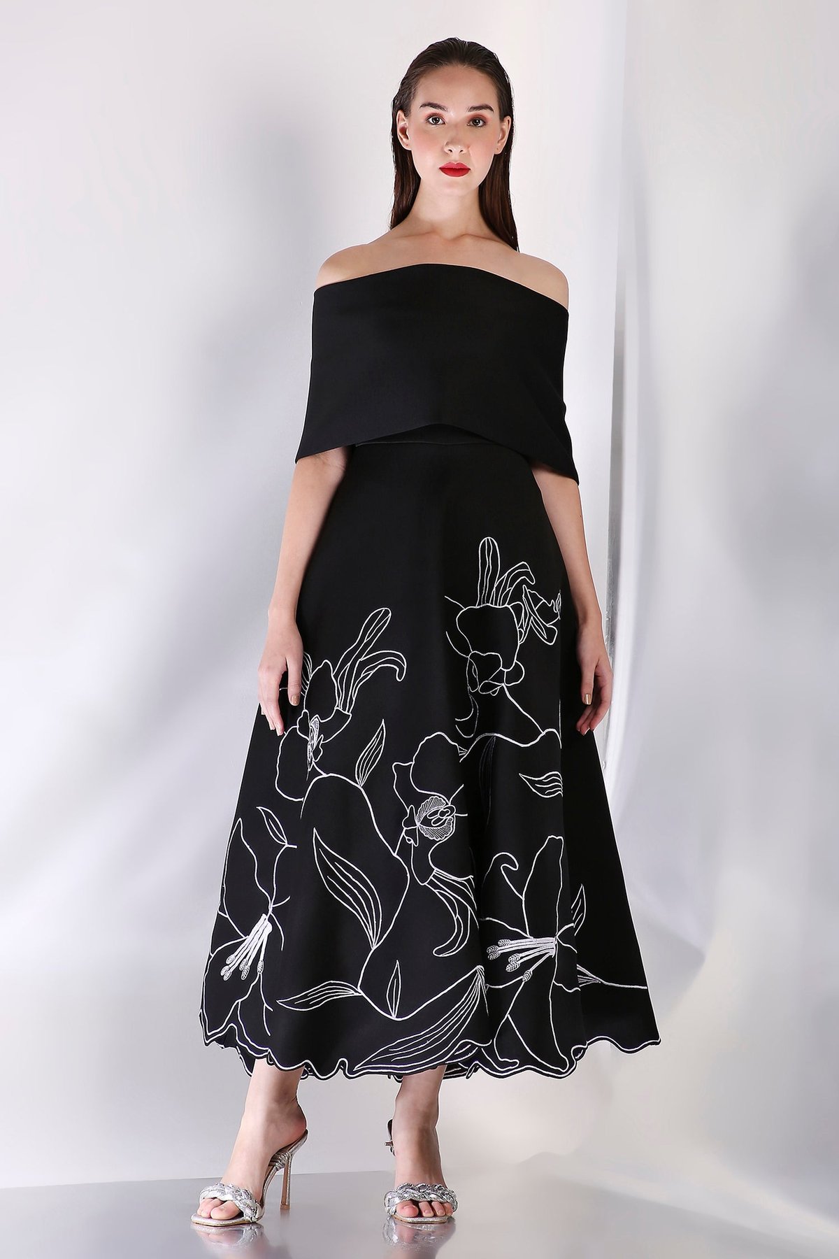 Black Neoprene Fit and Flare Midi Dress with Wrap