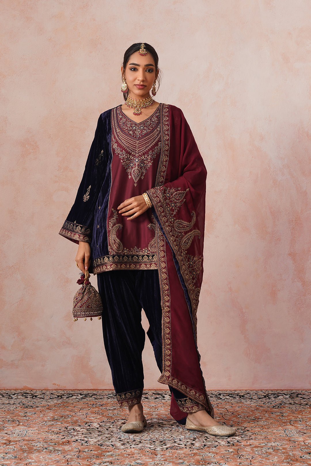 Navy Maroon Velvet Embroidered Kurta Set with Dupatta