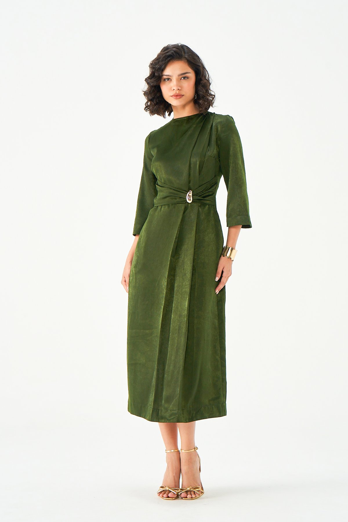 Olive Green High Neck Belted Midi Dress