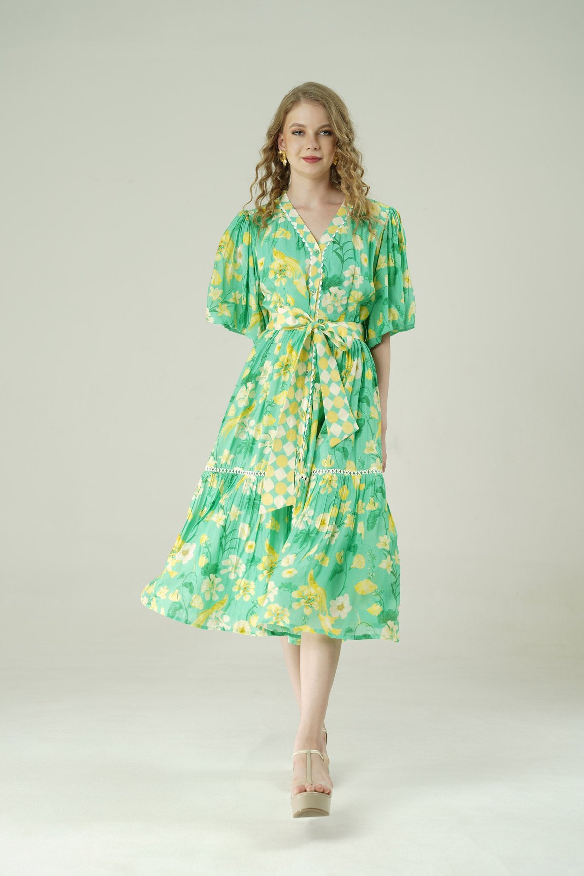 Green Muslin Floral and Bird Print Fit and Flare Midi Dress