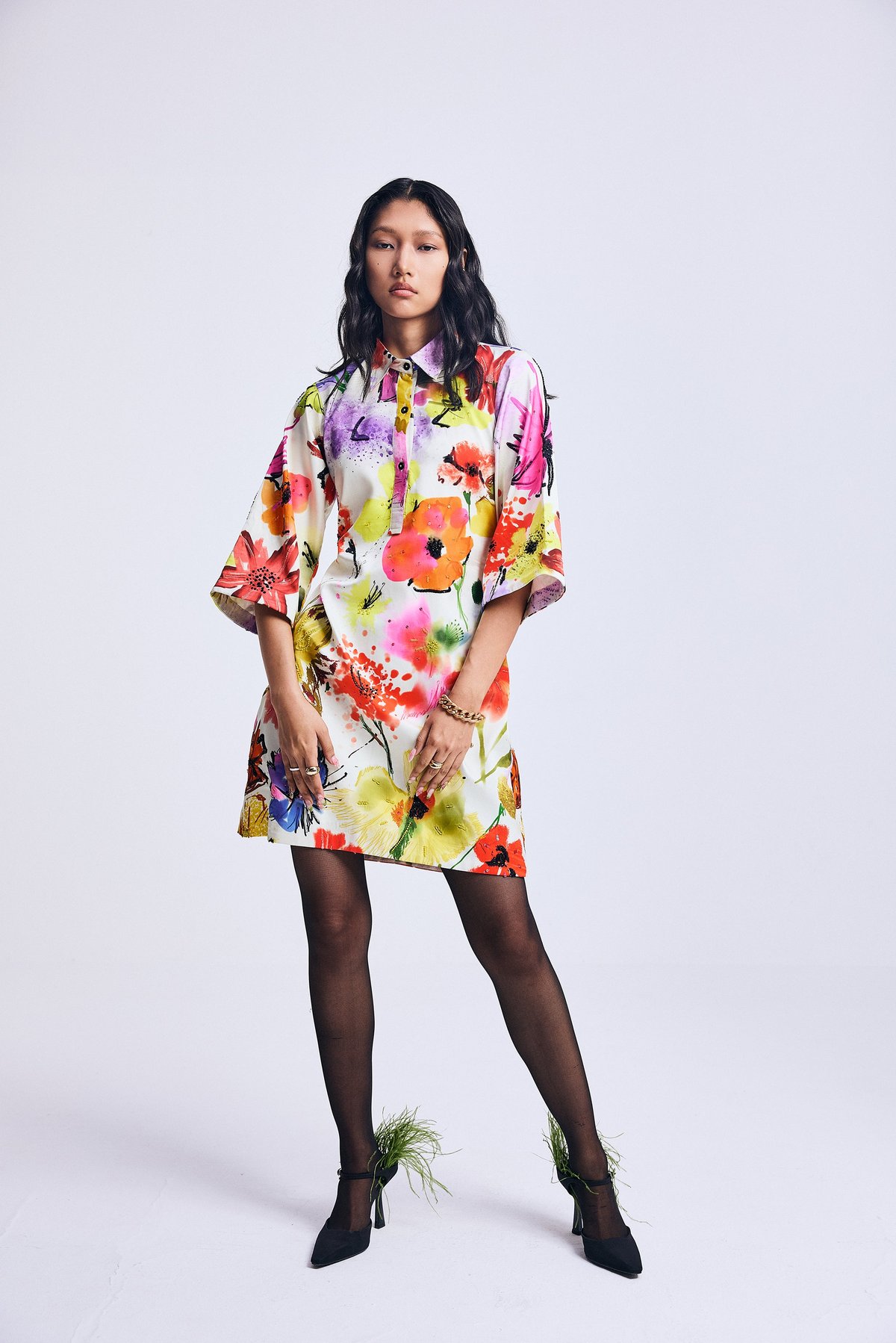 Floral Print Satin Mini Shirt Dress with Button Placket