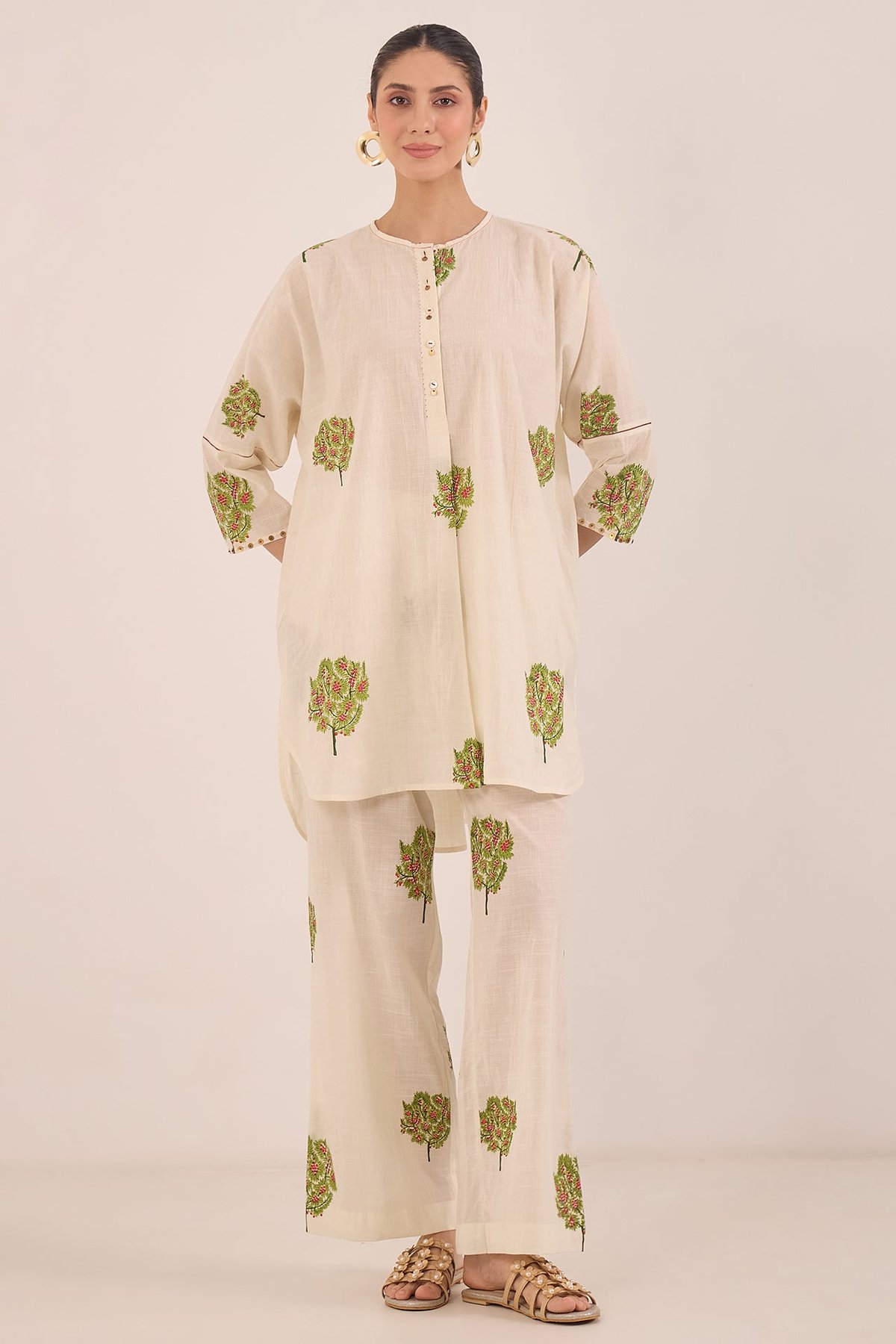 Ivory Cotton Printed Tunic and Wide-Leg Pants Co-ord Set