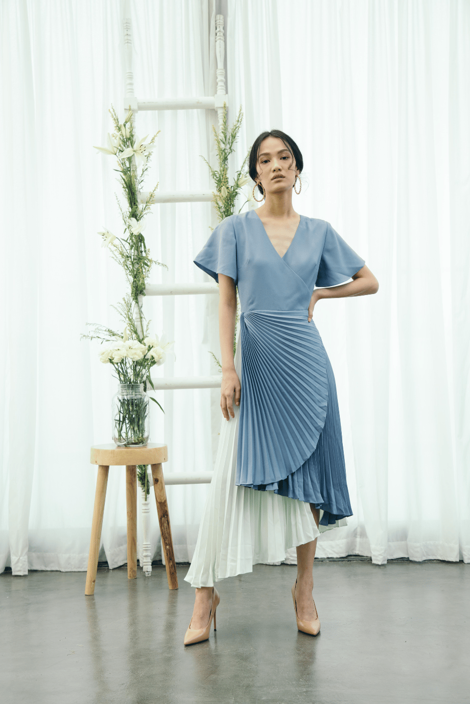 Blue Green Colorblock Pleated Asymmetrical Midi Dress