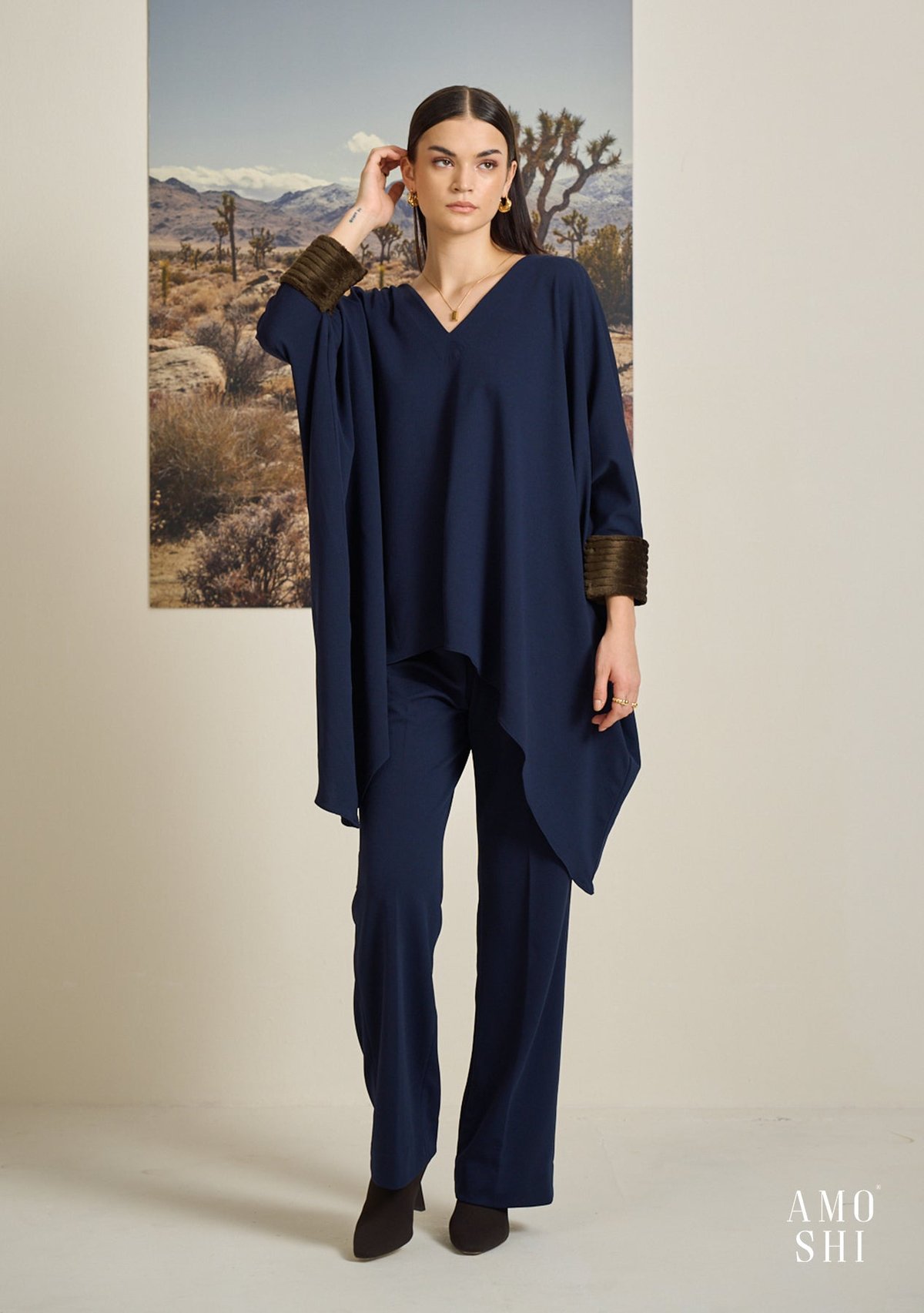 Navy Kaftan Top and Trouser Co-ord Set with Fur Cuffs