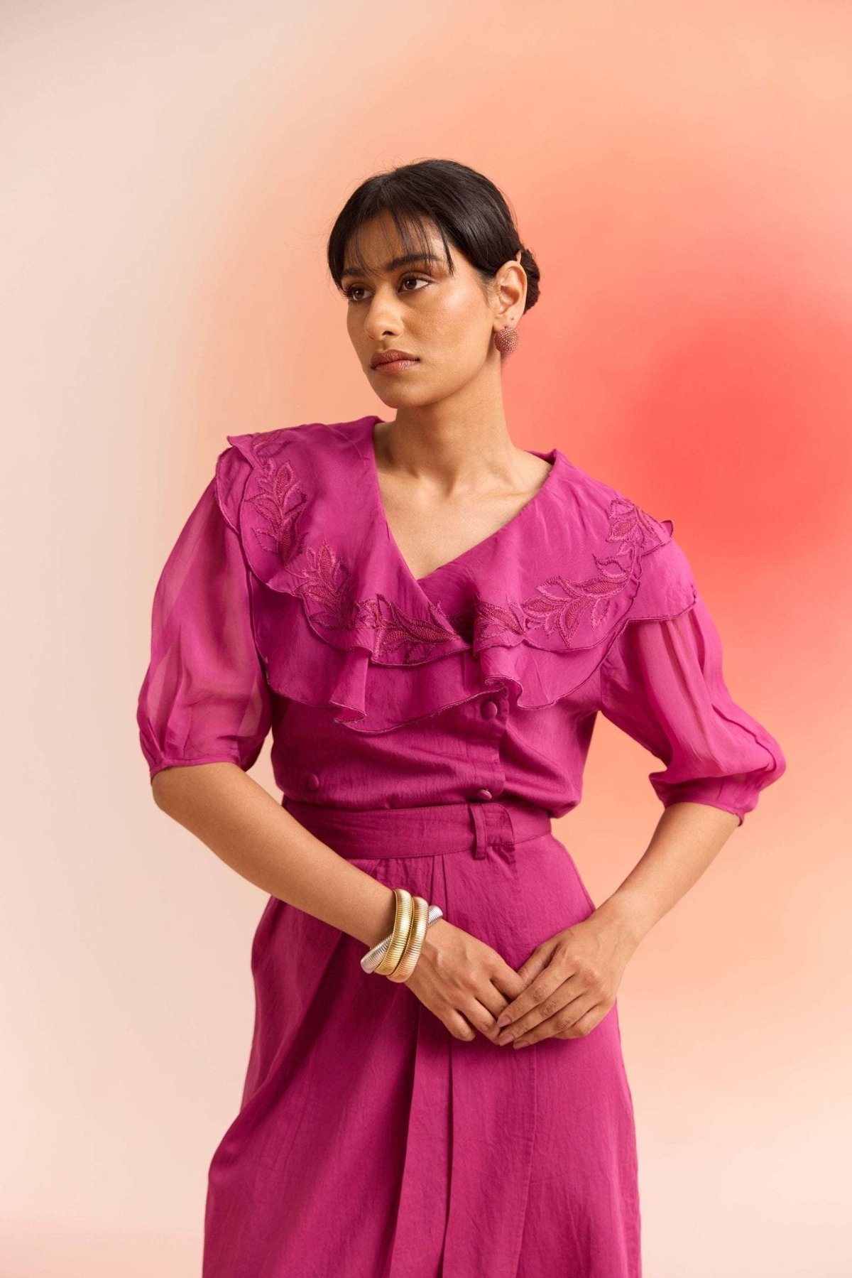 Wine Satin V-Neck Ruffle Embroidered Top