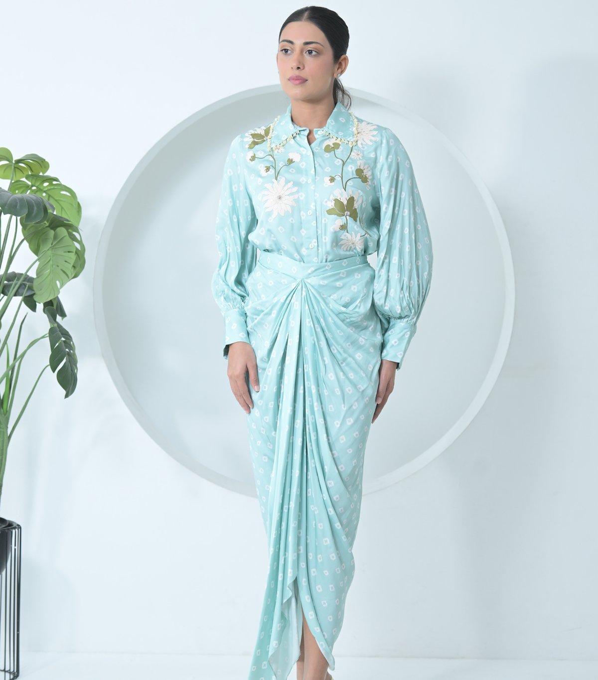 Floret Bandhani Collar Work Shirt With Pleated Skirt Set