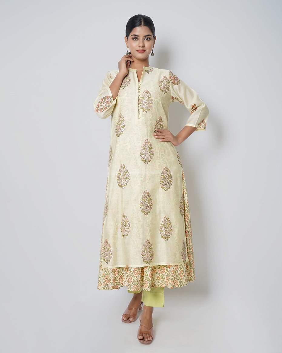 Pale Yellow Handblock Print Chanderi Double