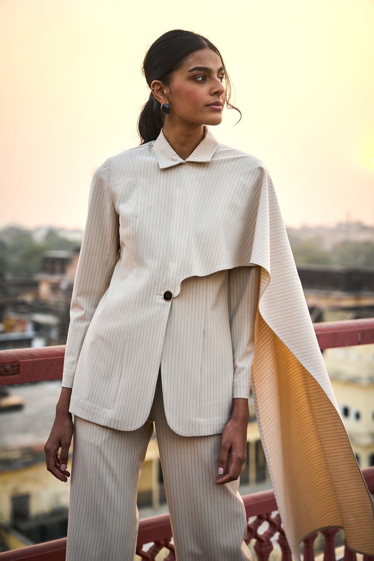 Ivory Pinstripe Scarf-Drape Tailored Blazer