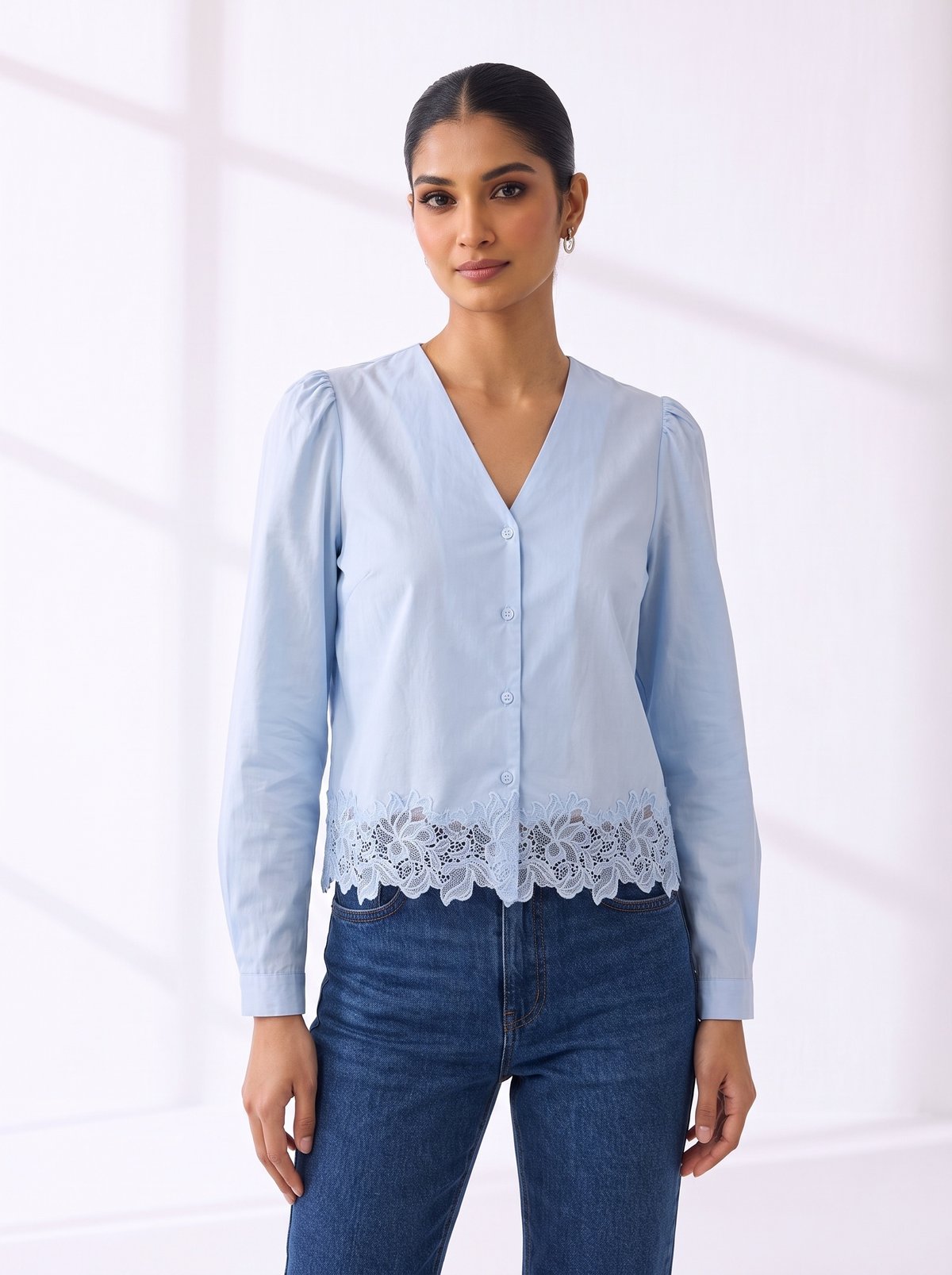 Soft Blue Lace Hem Shirt
