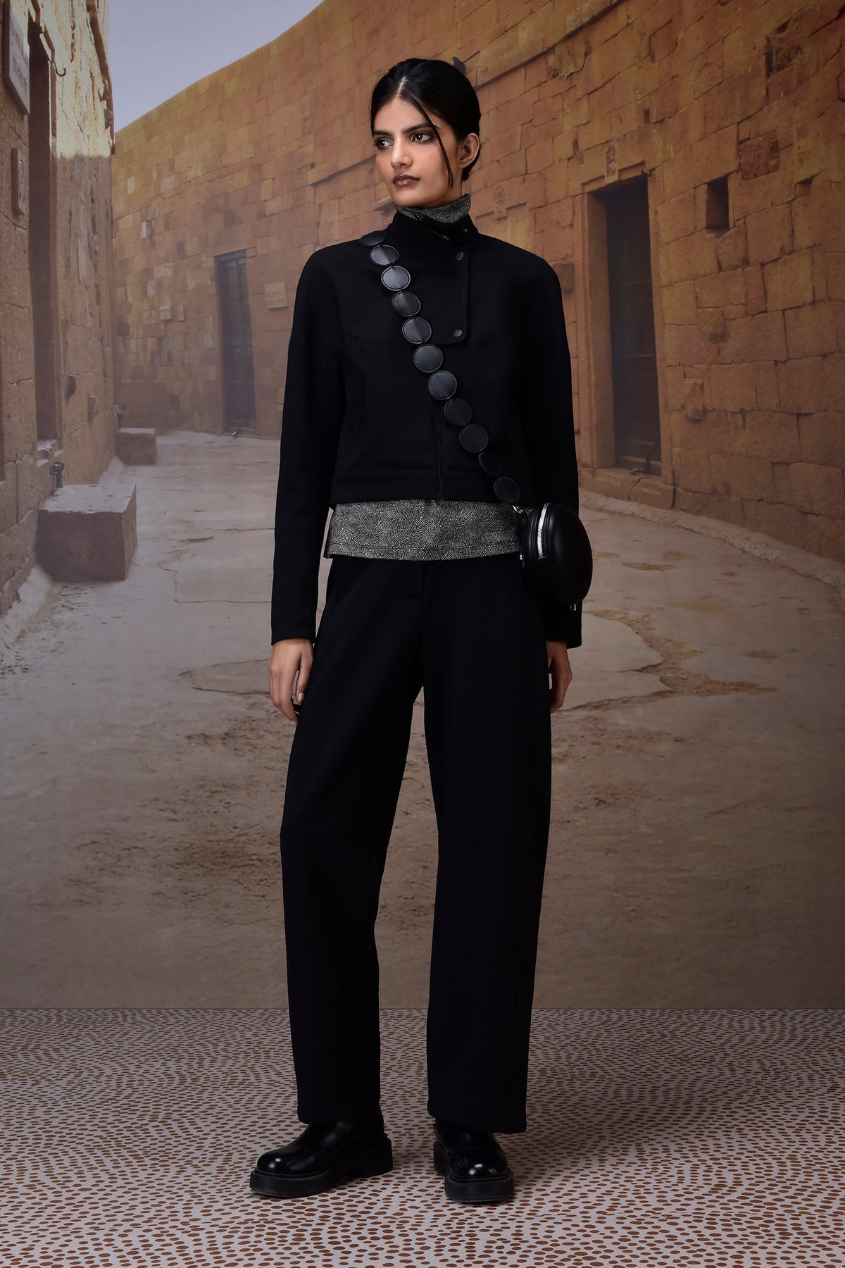 Black Textured Cropped High-Neck Jacket