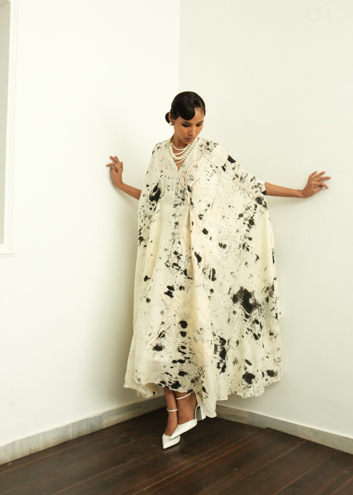 Black and Beige Hand-Painted Drape Midi Dress