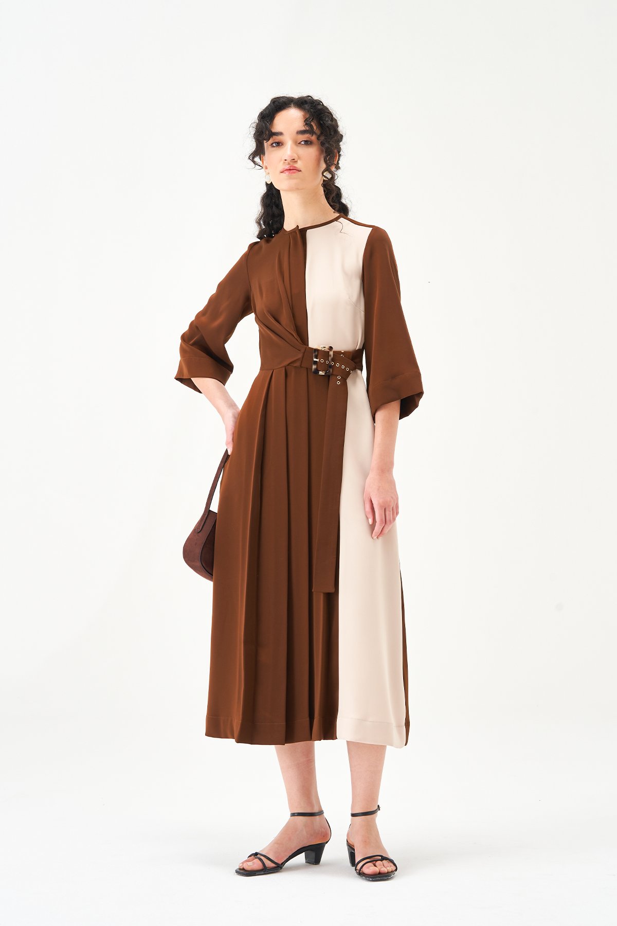 Cream and Brown Colorblocked Midi Dress with Belt
