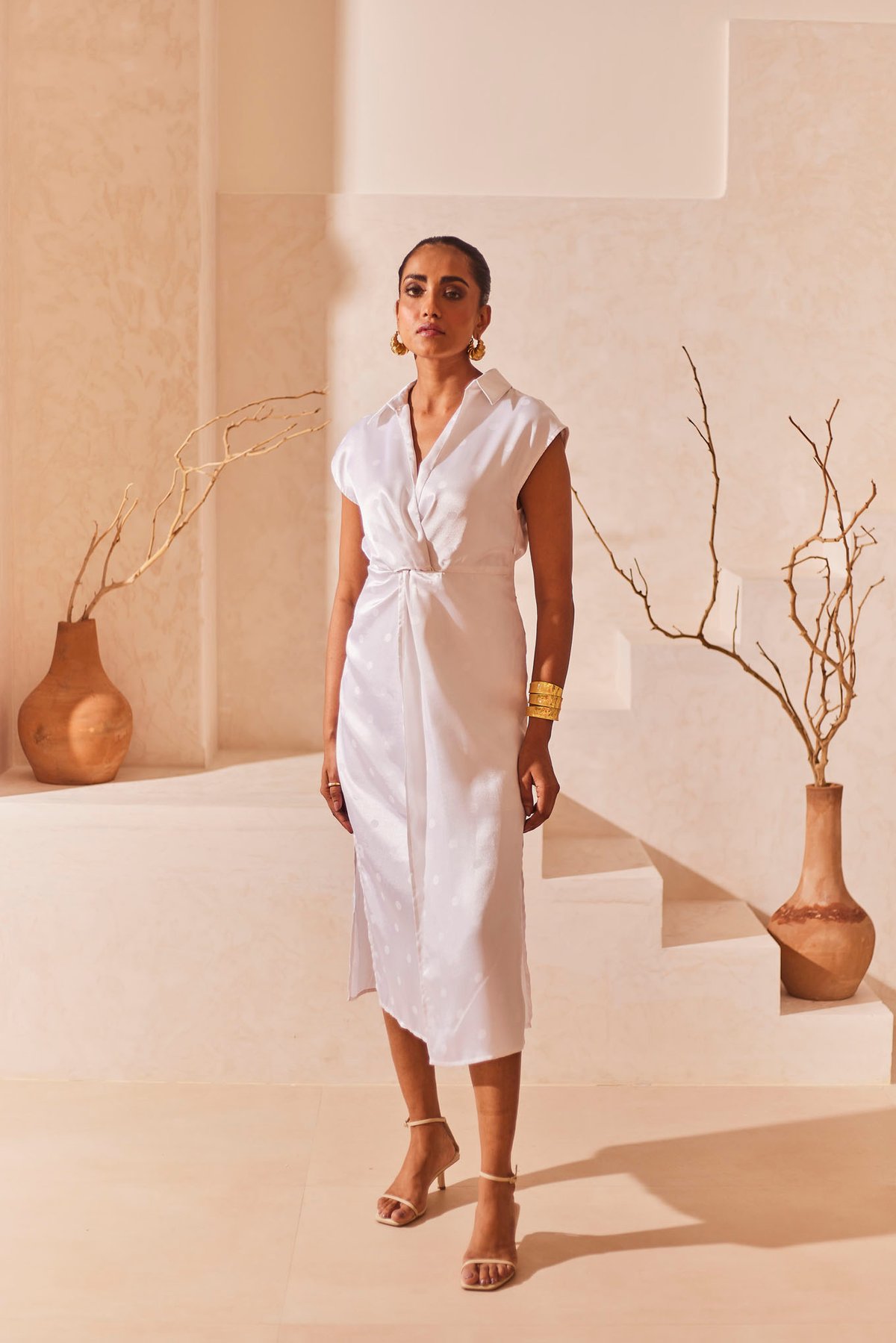 White Jacquard Satin Polka Dot Wrap Midi Dress