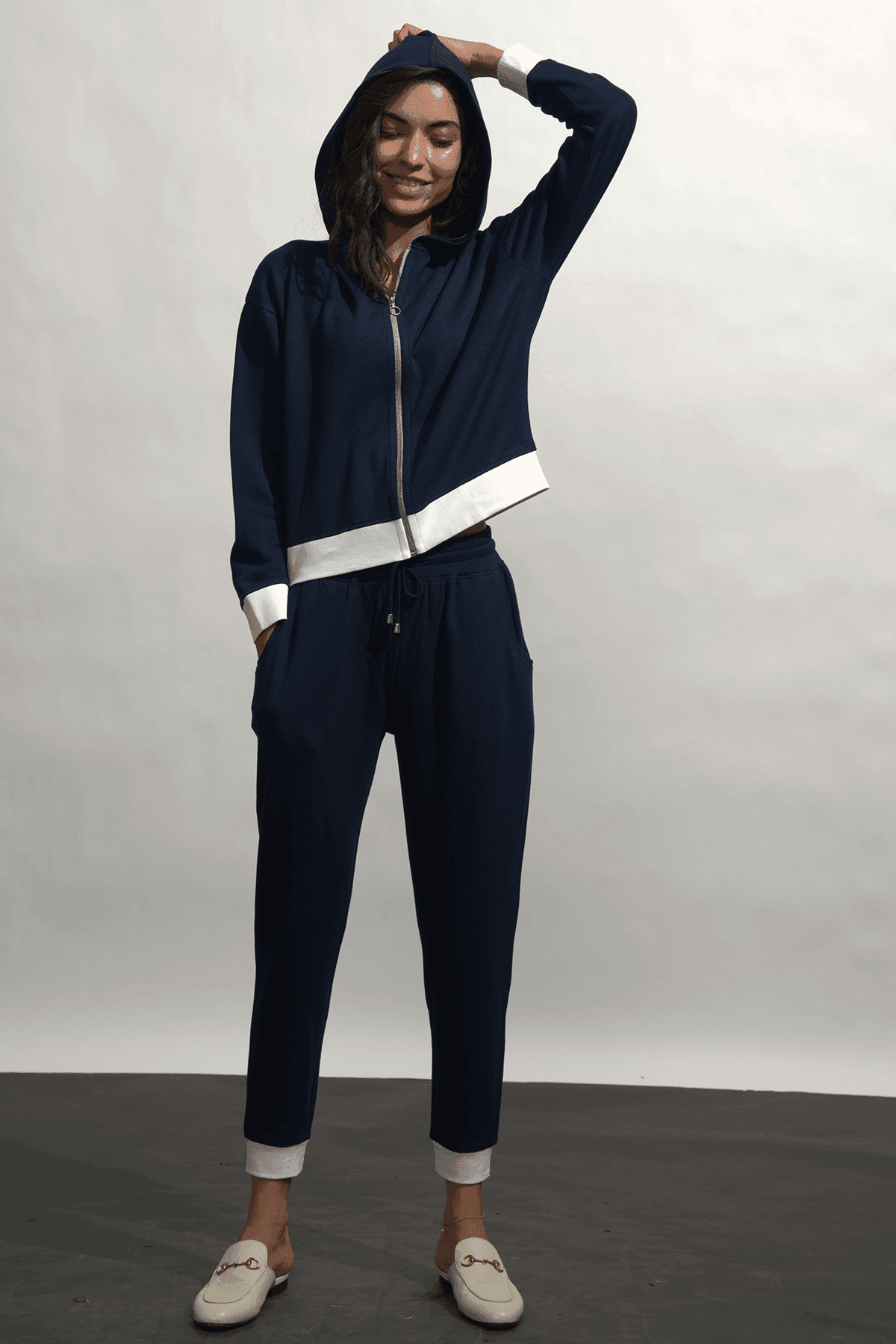 Navy and White Zip-Up Hoodie with Hood