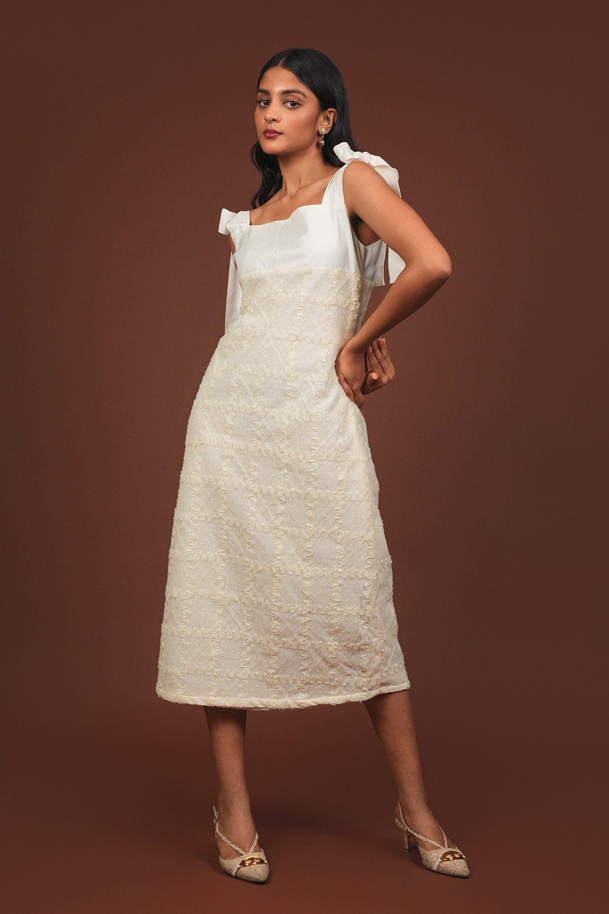 Cream Net Applique Square-Neck Shoulder-Tie Midi Dress