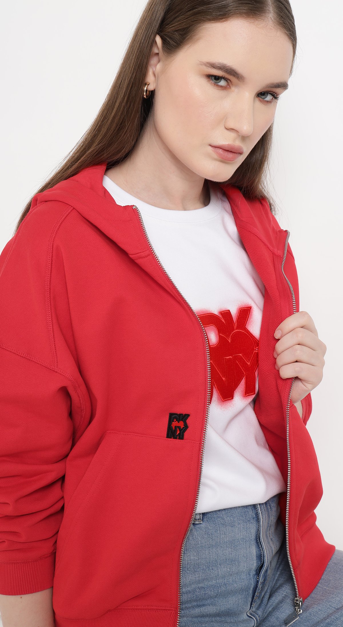 Red Zip-Up Hoodie in Cotton Terry