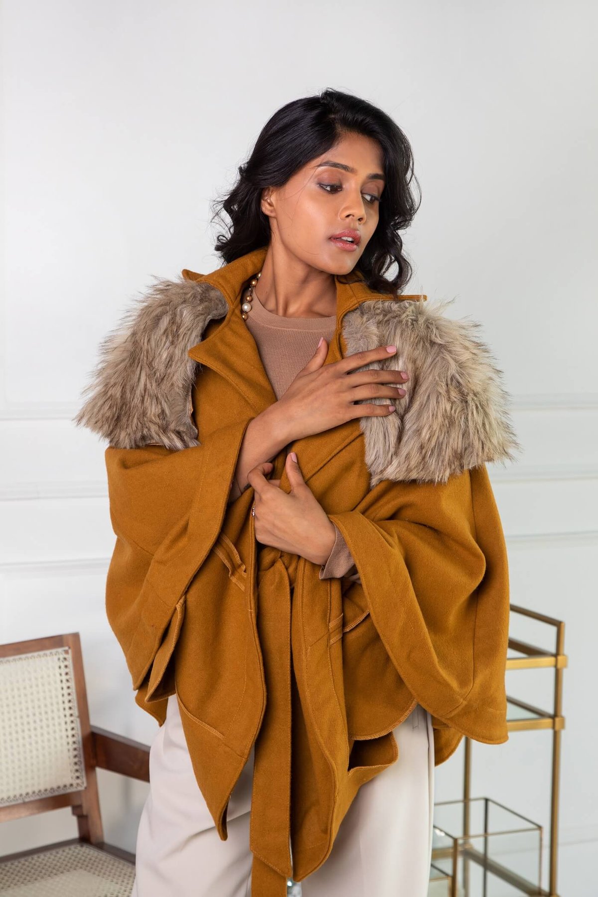 Mustard Wool-Blend Cape with Fur Collar and Belt