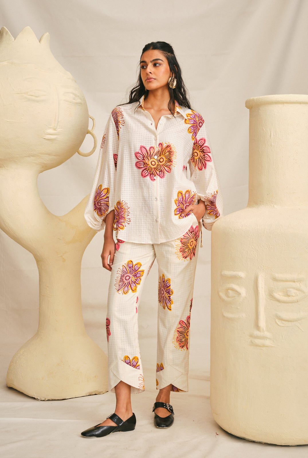 Off-White Floral Print Handloom Cotton Straight-Leg Trousers