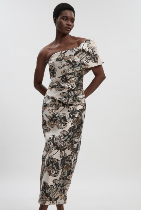 Ivory Floral One-Shoulder Midi Dress with Metallic Accents