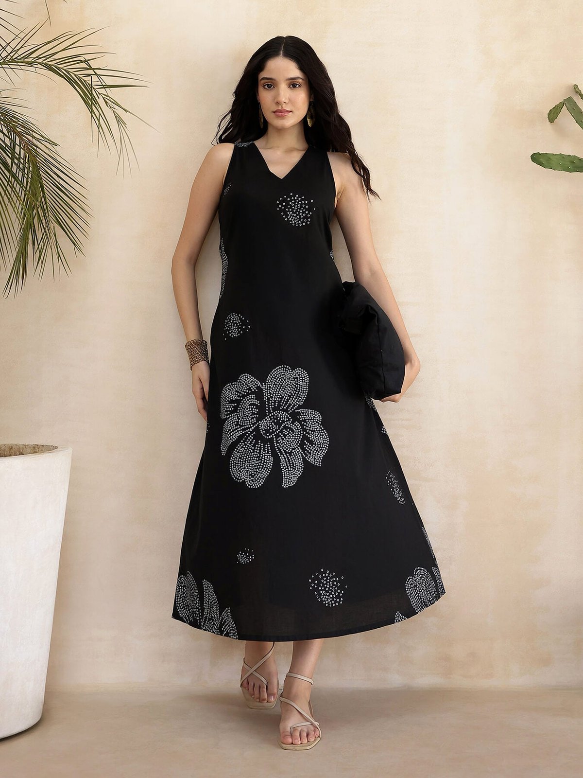 Black Cotton Bandhani Floral A-Line Midi Dress