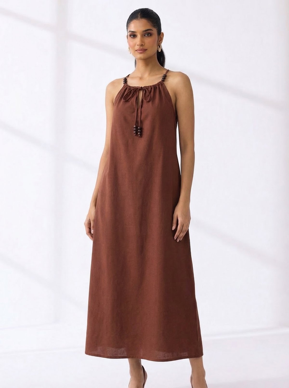 Brown Cotton Midi Slip Dress with Tie Neck