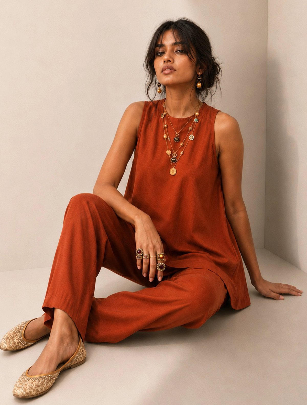 Rust Solid Viscose Sleeveless Co-ord Set