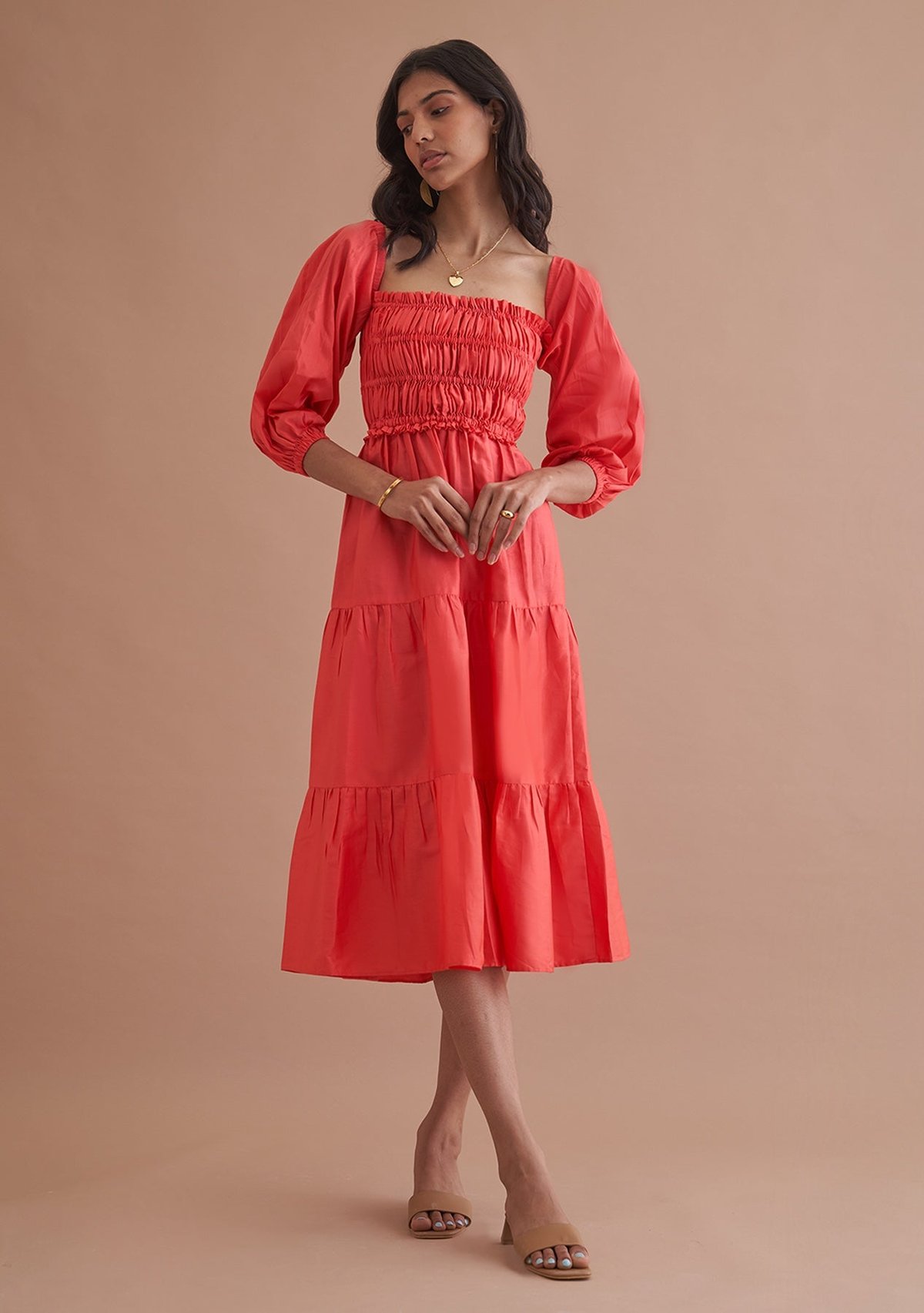 Vermilion Cotton Smocked Tiered Midi Dress