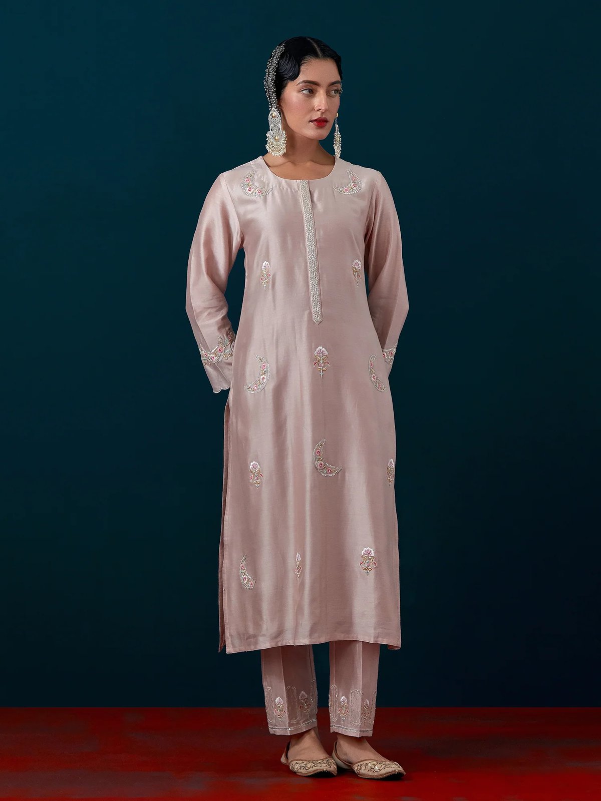 Old Rose Silk Chanderi Embroidered Straight Kurta