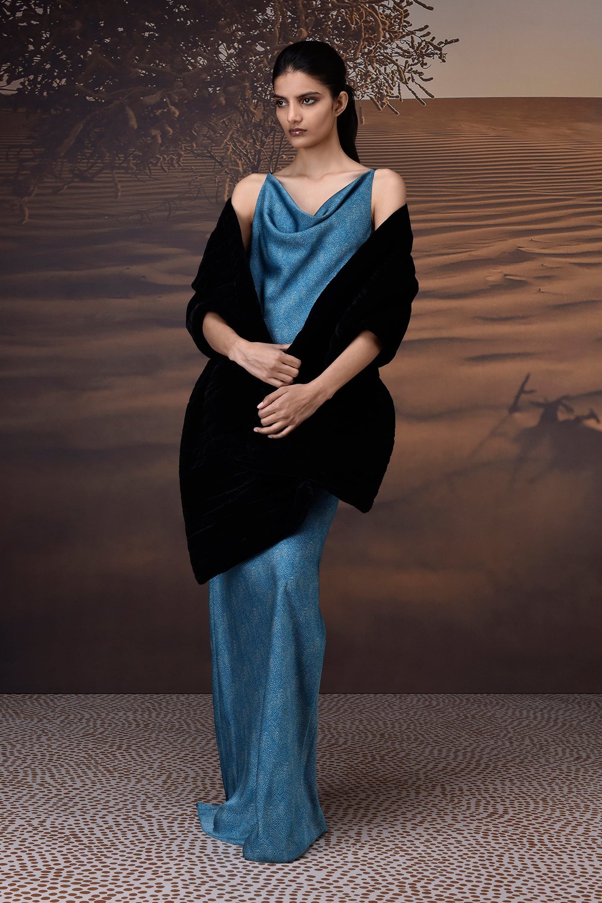 Retro Blue Satin Cowl Neck Maxi Gown
