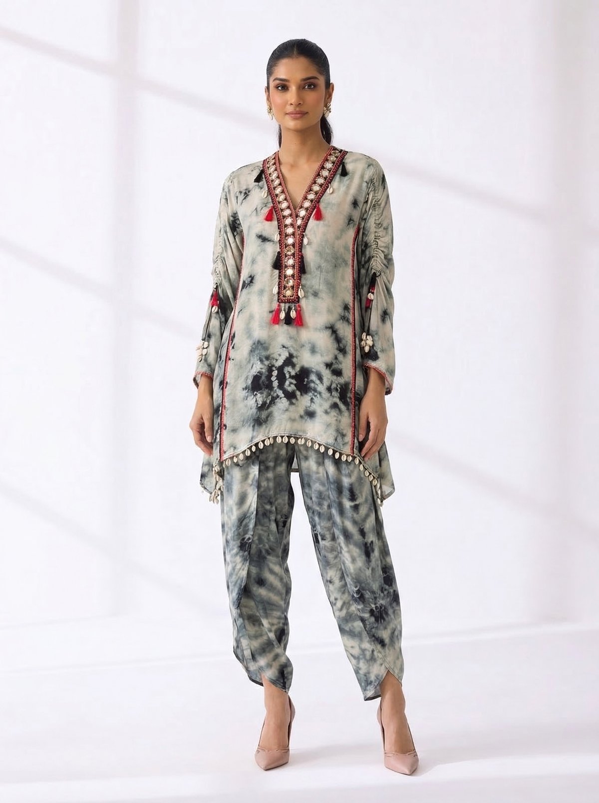 Tie-Dye Kurta Set with Embellished V-Neck