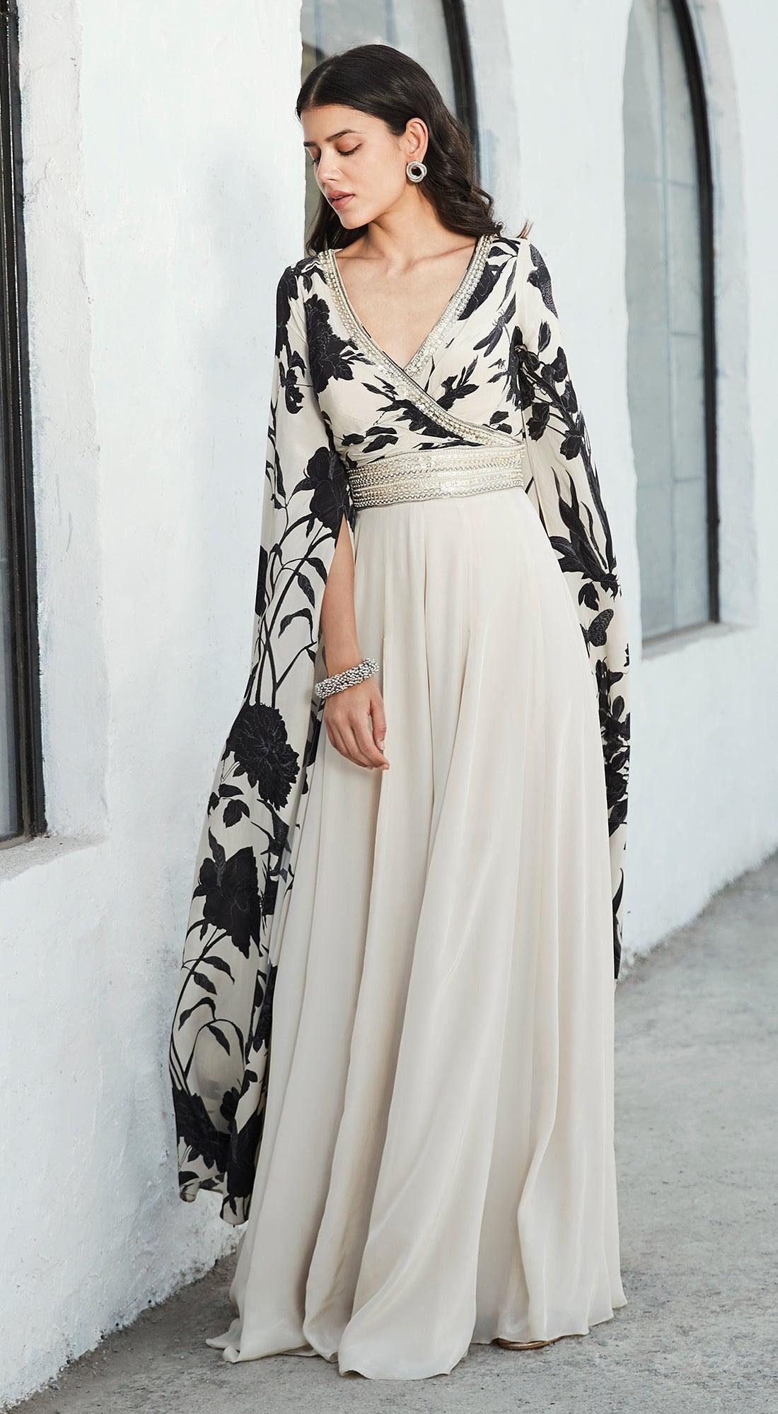 Black and Ivory Floral Printed Cape Sleeve Jumpsuit