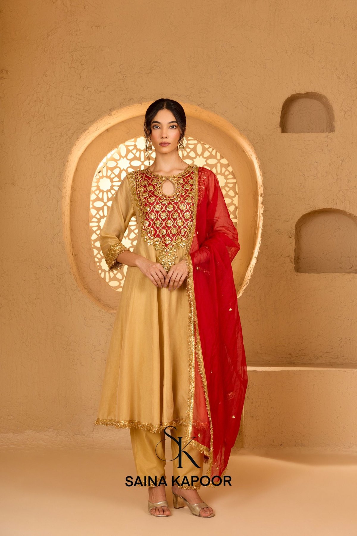 Beige Long Anarkali Kurta Set