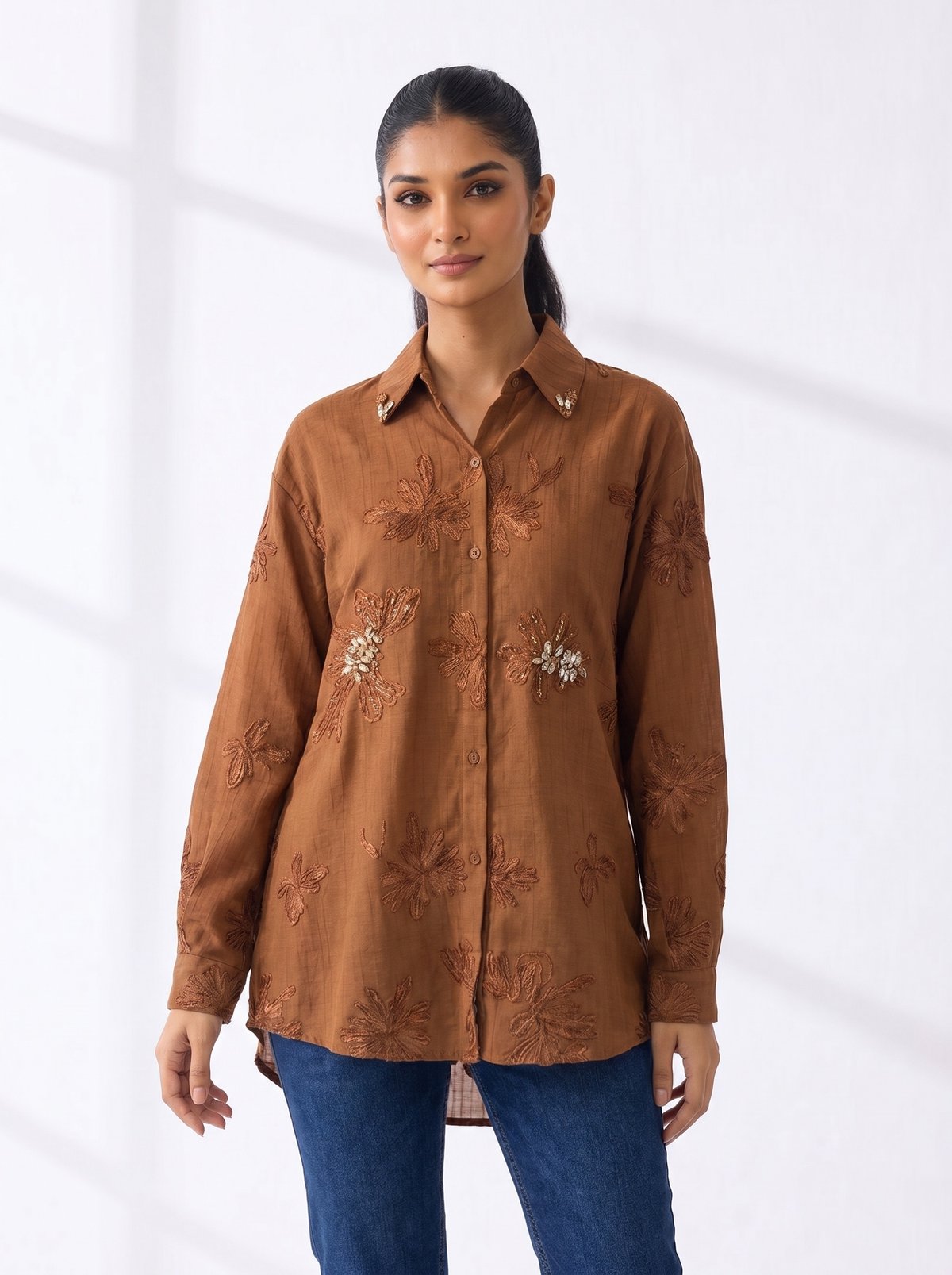 Brown Cotton Linen Embroidered Longline Shirt