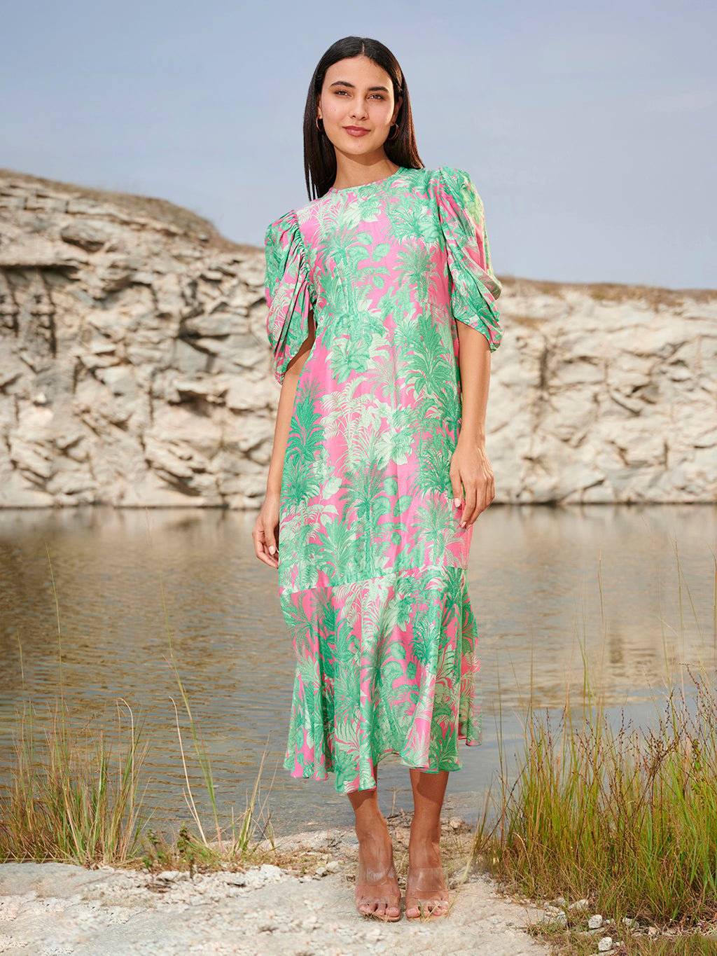Green/Pink Printed Puff Sleeve Maxi Dress